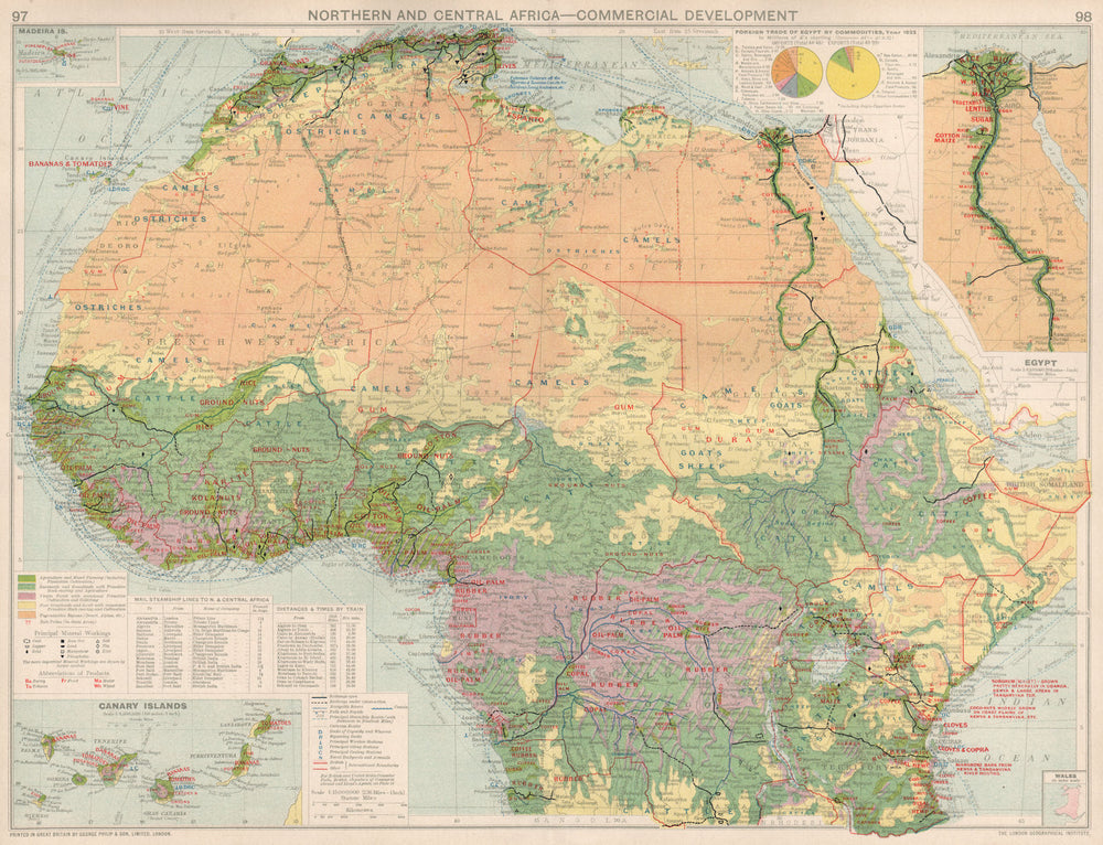 Northern & Central Africa. Commercial. Agricultural products & minerals 1925 map