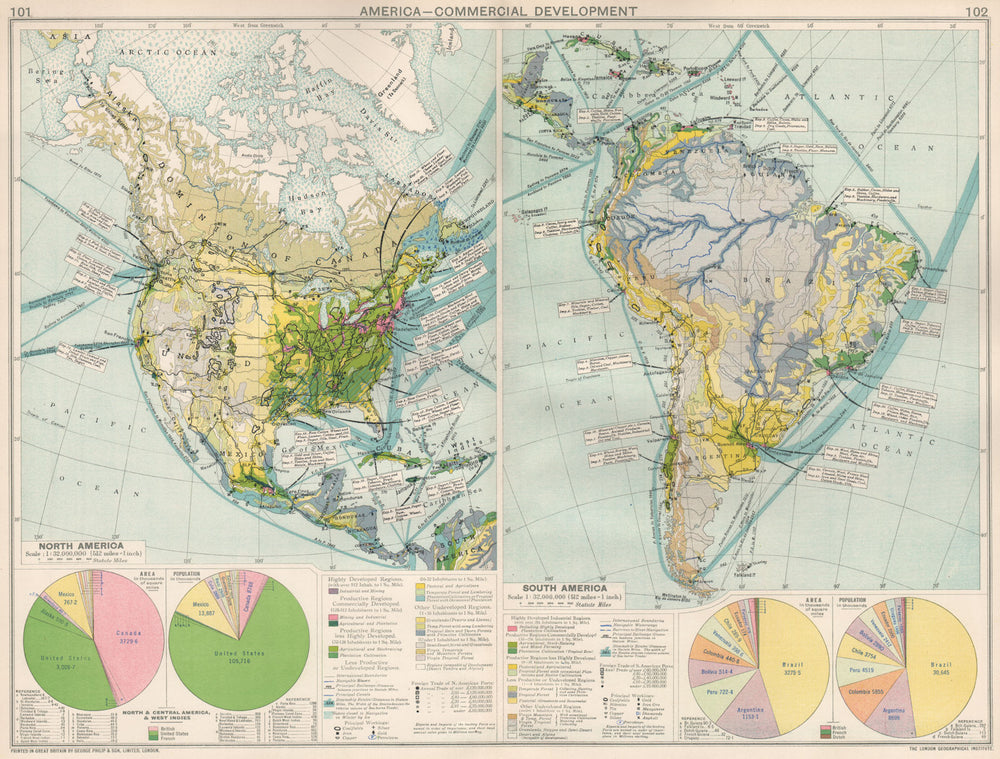 North & South America. Commercial Development. Import & export routes 1925 map