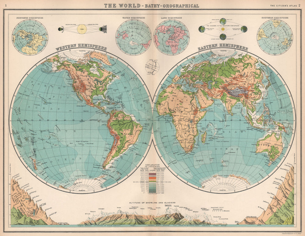 WORLD TWIN HEMISPHERES. Relief map. Mountains eclipses snowline seasons 1912