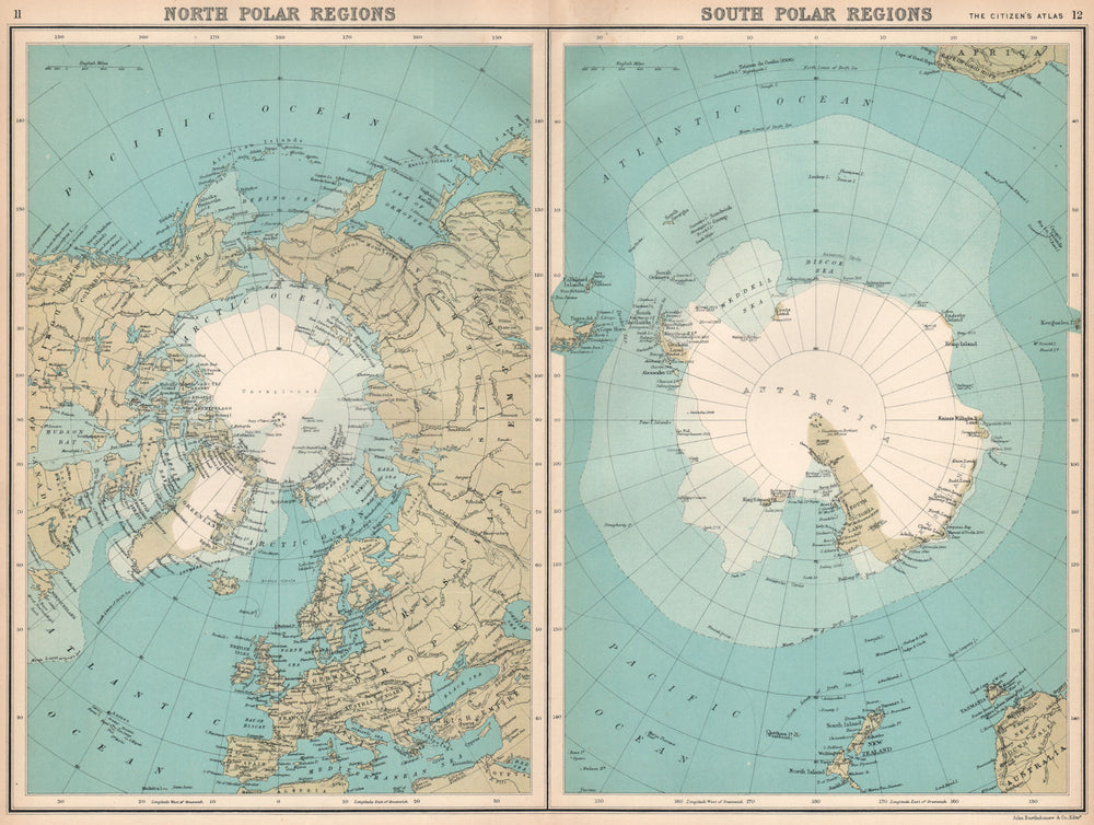 POLAR REGIONS Arctic Antarctic North South Pole Explorers' routes 1912 old map