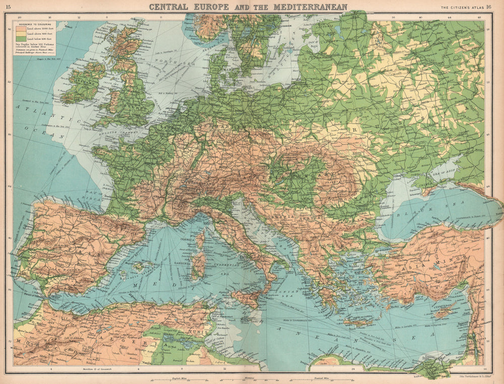 EUROPE & MEDITERRANEAN. Relief. Railways. Shipping routes. BARTHOLOMEW 1912 map
