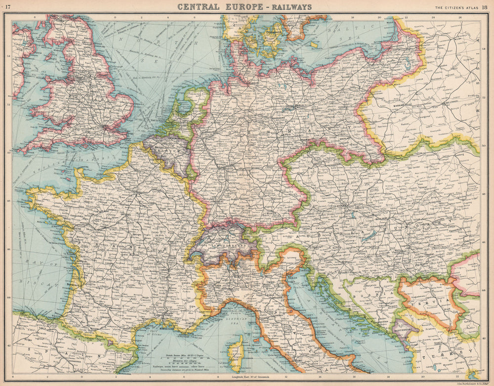 EUROPE & BRITISH ISLES Steamer routes & railways. BARTHOLOMEW 1912 old map