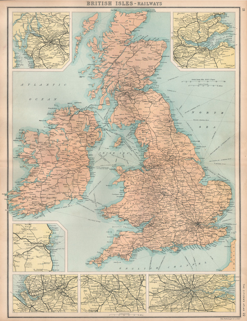 BRITISH ISLES RAILWAYS. Glasgow Edinburgh Manchester Birmingham London 1912 map