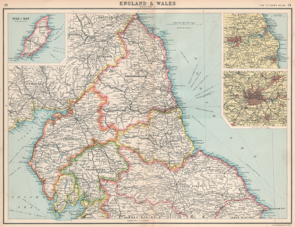 ENGLAND NORTH. Cumbs Northumbs Durham Westm Yorks Newcastle Manchester 1912 map