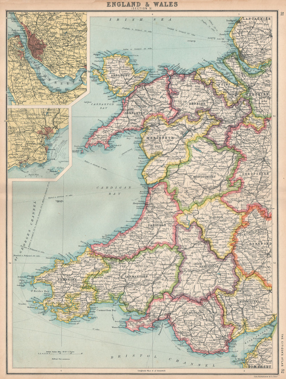 WALES.Showing counties & railways.Inset Liverpool & Cardiff.BARTHOLOMEW 1912 map