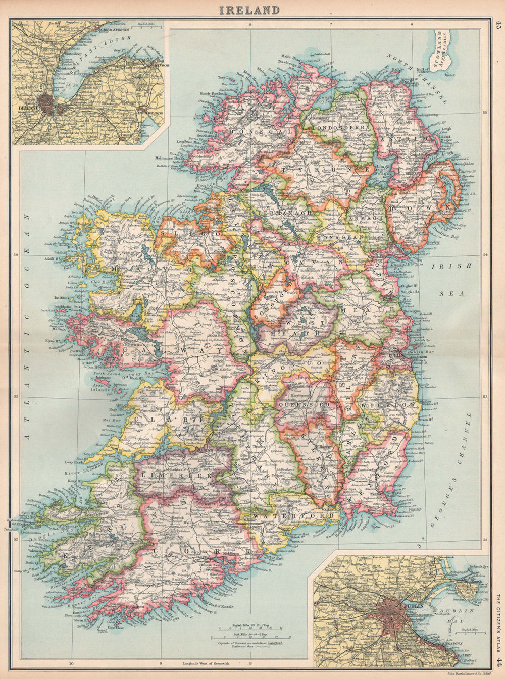 IRELAND. Showing counties & railways. Inset Belfast & Cork. BARTHOLOMEW 1912 map