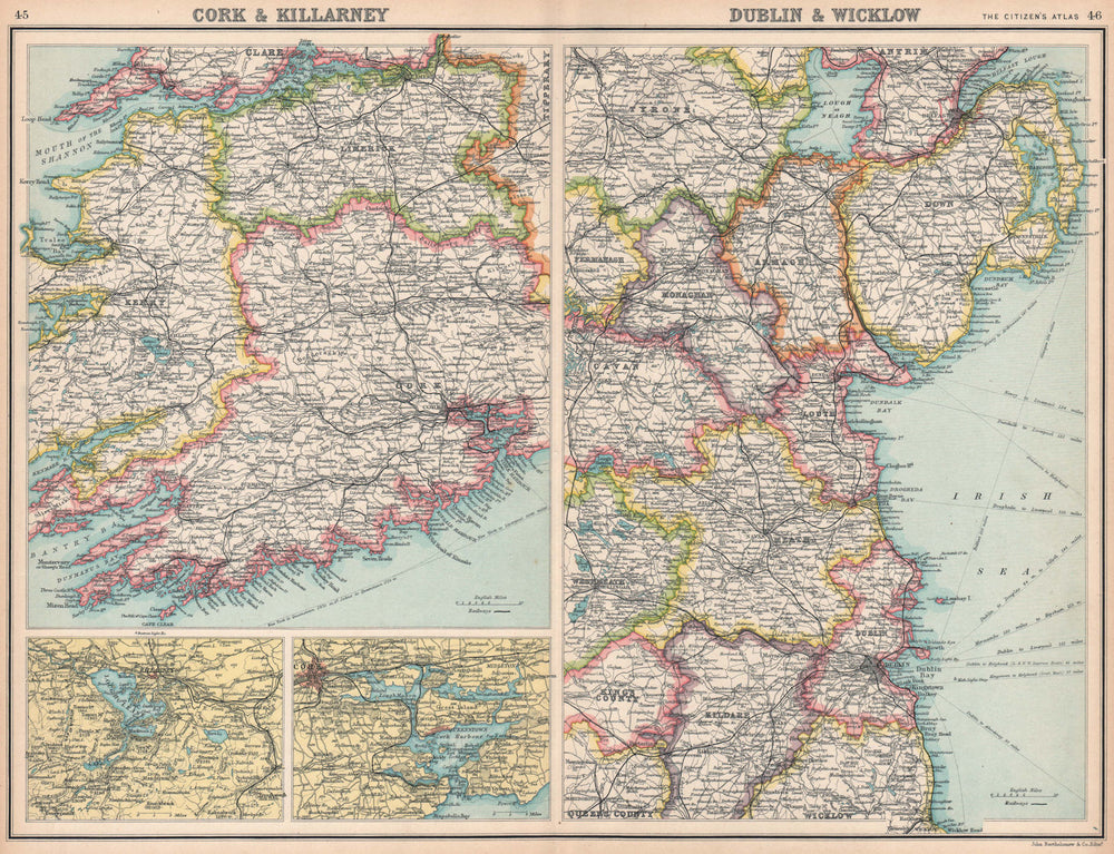 IRELAND.Cork & Killarney;Dublin & Wicklow.Kerry Limerick Kildare Offaly 1912 map
