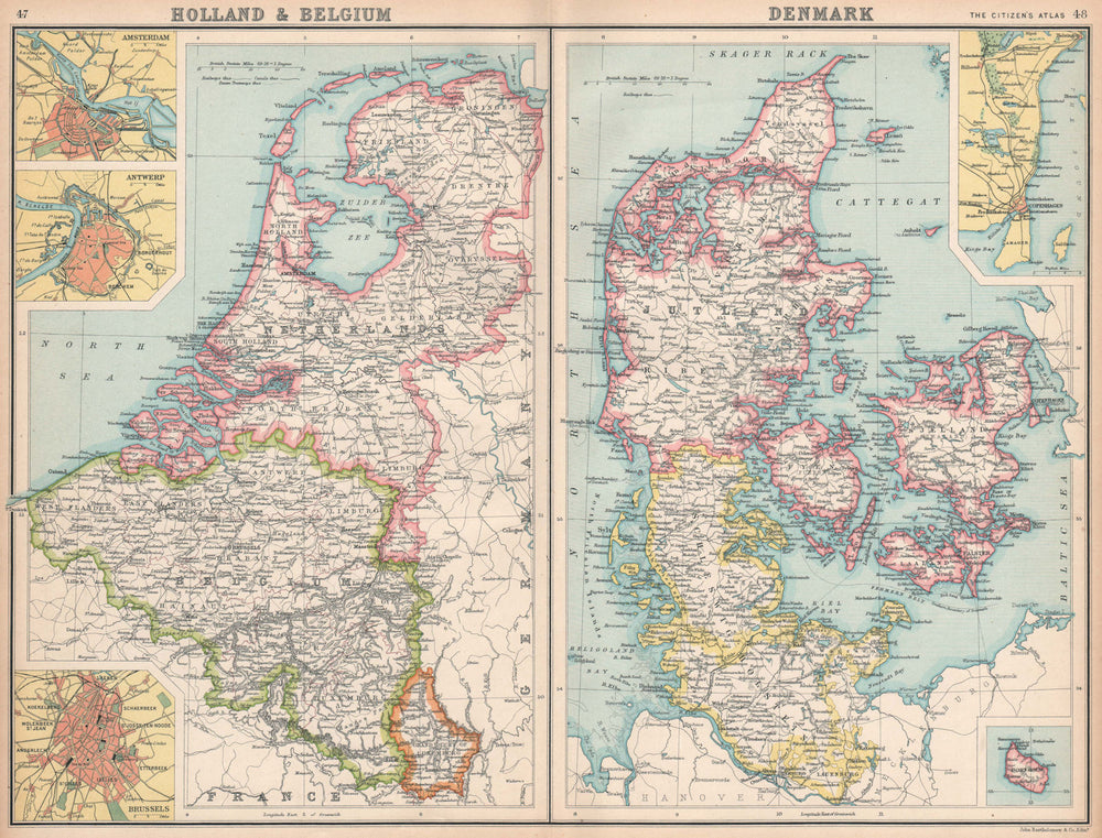 BENELUX/DENMARK.Holland Belgium Schleswig-Holstein.Copenhagen Bornholm 1912 map