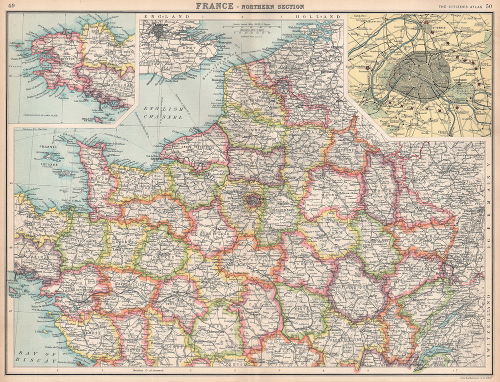 NORTHERN FRANCE.Departements.Paris showing fortifications.BARTHOLOMEW 1912 map