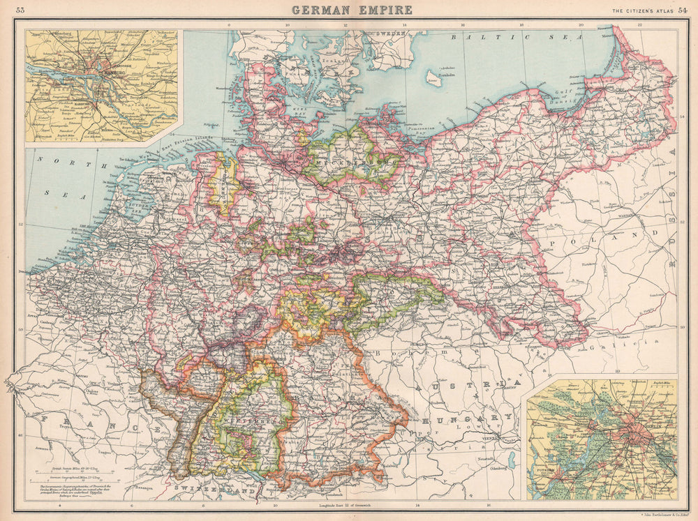 GERMAN EMPIRE. states. Germany. Prussia. Hamburg Berlin. BARTHOLOMEW 1912 map