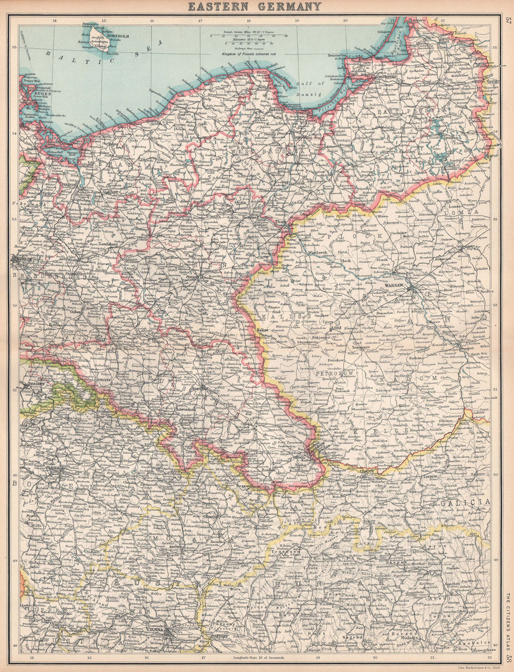 EASTERN GERMANY.Showing states.Prussia Silesia Pomerania Poznan.Poland 1912 map