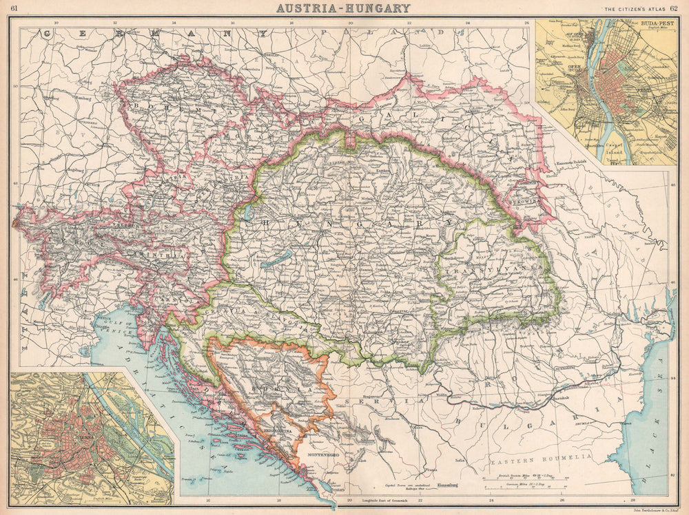AUSTRIA-HUNGARY. Inset Vienna; Ofen (Buda) Pest Budapest. BARTHOLOMEW 1912 map