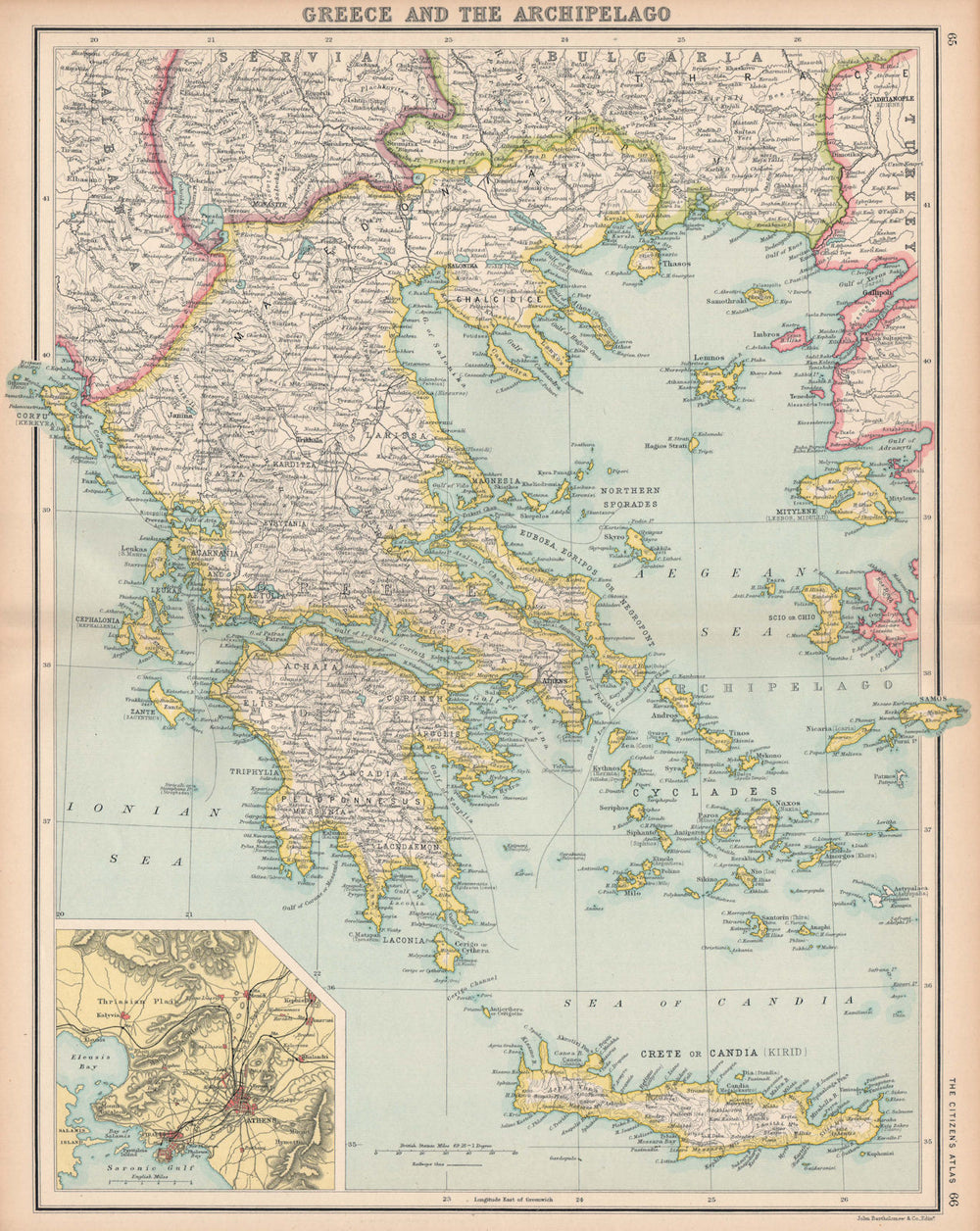 GREECE. Aegean & Ionian Islands Crete. Inset Athens. BARTHOLOMEW 1912 old map