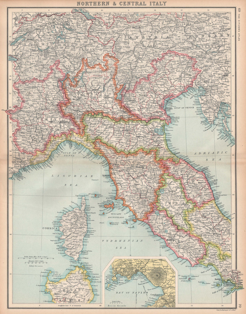 NORTHERN ITALY. Showing railways. Inset Bay of Naples. BARTHOLOMEW 1912 map