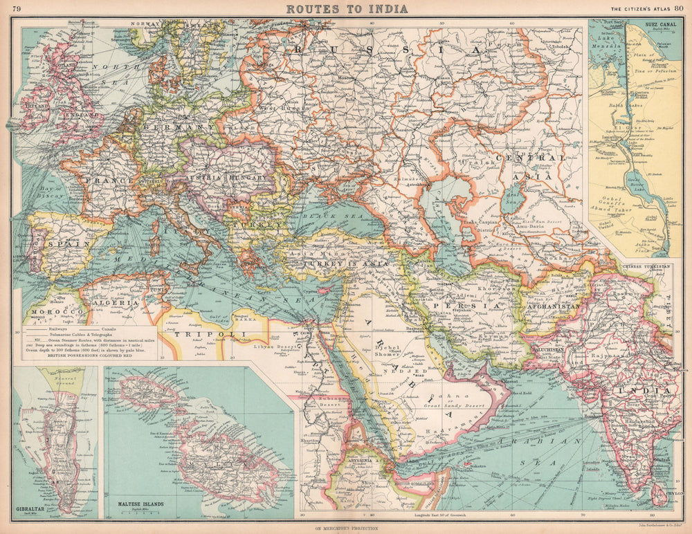 ROUTES TO INDIA Europe Middle East & Asia. Suez Canal Gibraltar & Malta 1912 map