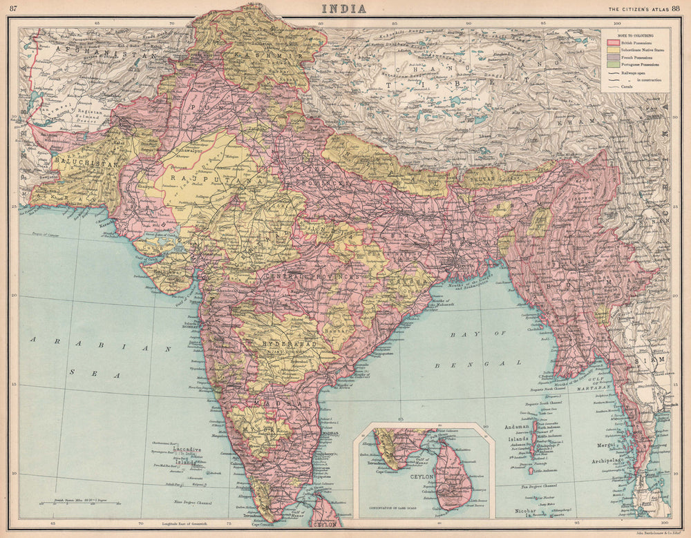 BRITISH INDIA & BURMA. Railways. French Portuguese enclaves 1912 old map