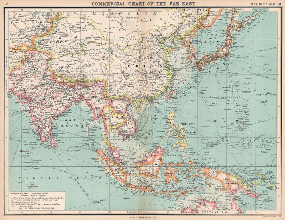 ASIA/EAST INDIES British India Siam French Indochina 1912 old antique map
