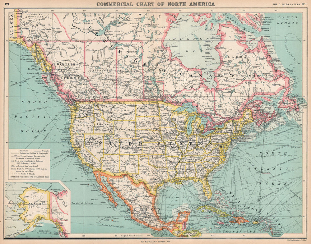 NORTH AMERICA COMMERCIAL.Steamer routes Telegraph cables Railways Canal 1912 map