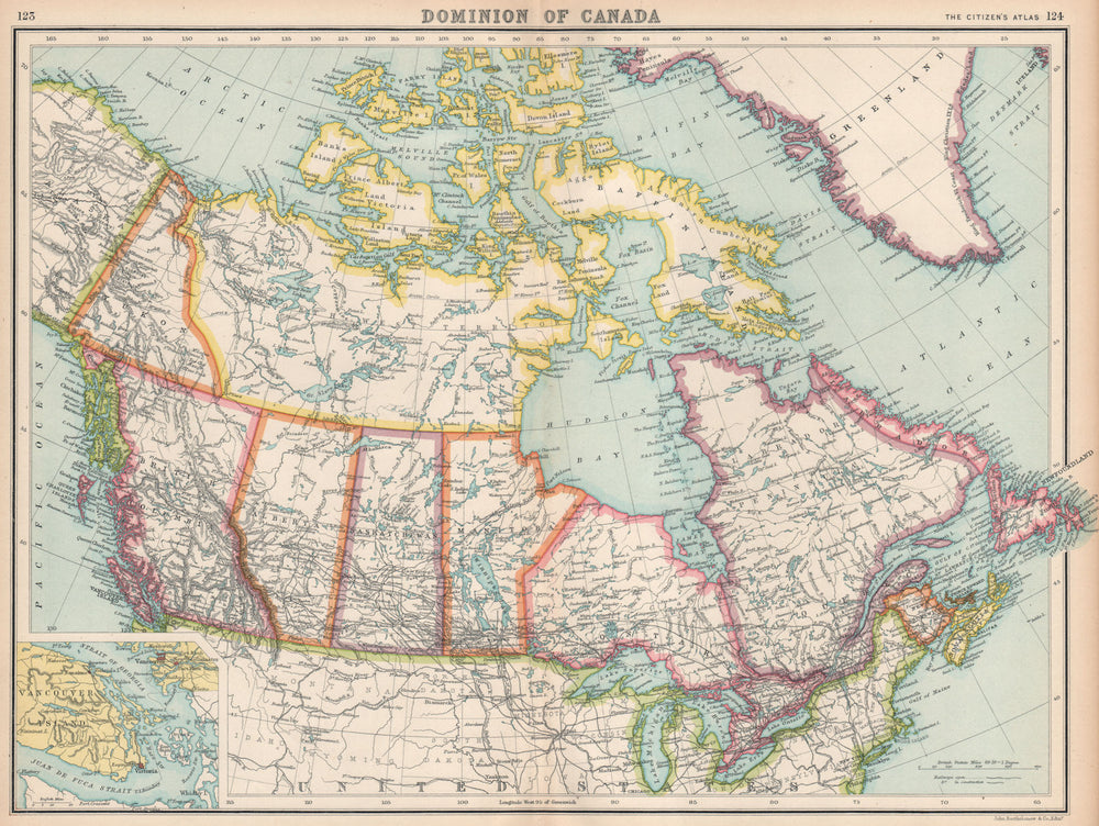 CANADA provinces & railroads. Inset Vancouver environs. BARTHOLOMEW 1912 map
