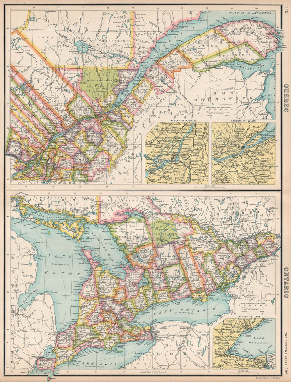 QUEBEC QUÉBEC & ONTARIO. Divisions & counties. Inset Montreal Toronto 1912 map