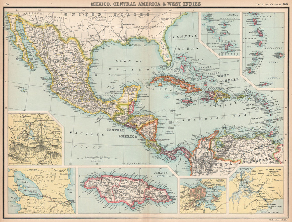 MEXICO CENTRAL AMERICA WEST INDIES. Panama & Proposed Nicaragua canals 1912 map