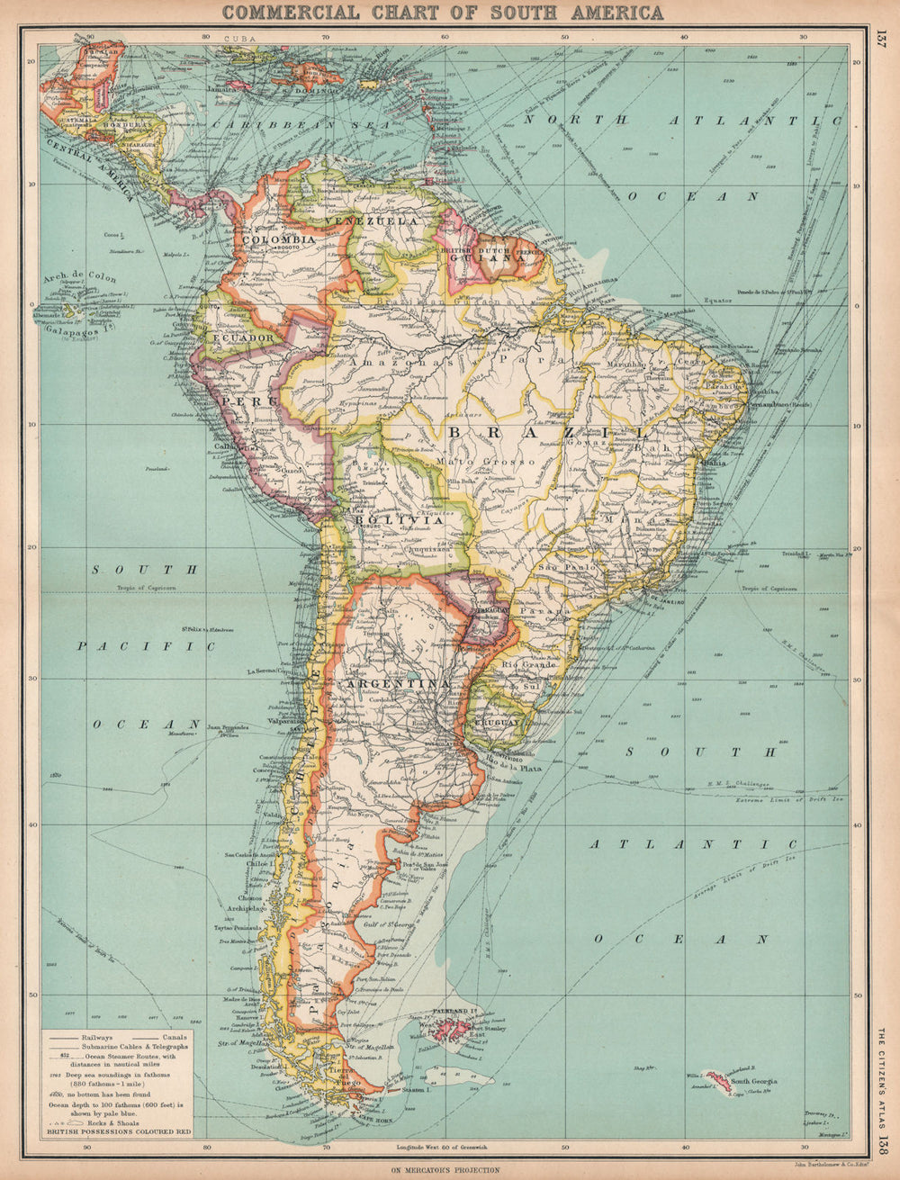 SOUTH AMERICA COMMERCIAL.Steamer routes Telegraph cables Railways 1912 old map