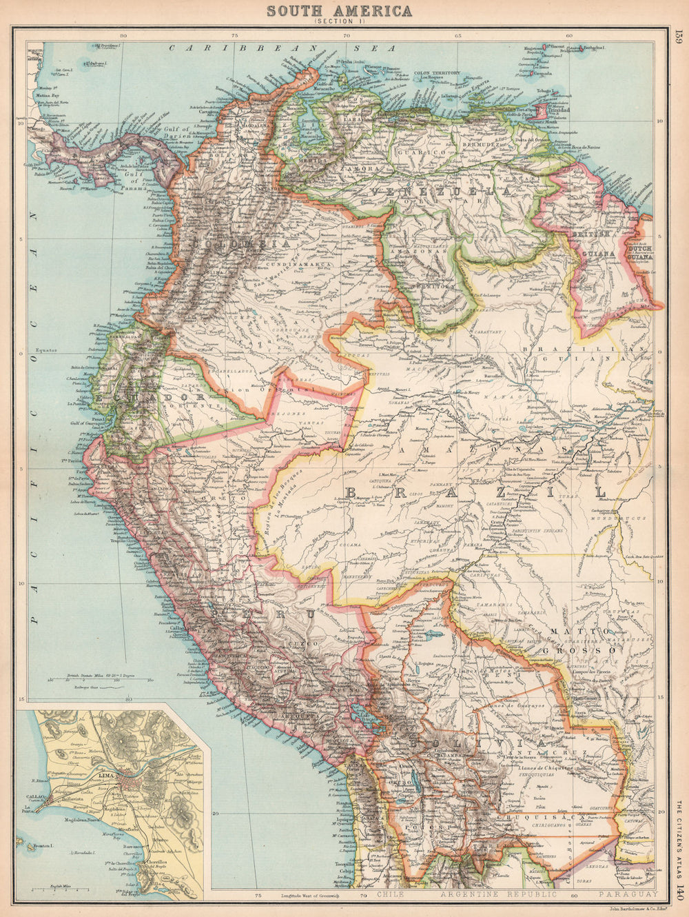 SOUTH AMERICA NW. Venezuela Colombia Ecuador Peru Bolivia. Inset Lima 1912 map