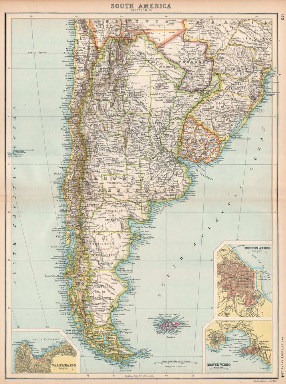 S AMERICA. Argentina Chile Uruguay Paraguay. Buenos Aires; Valparaiso 1912 map