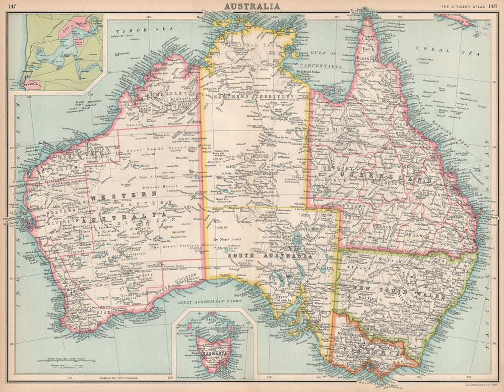 AUSTRALIA. Shows states, goldfields & telegraph cables. Perth/Fremantle 1912 map
