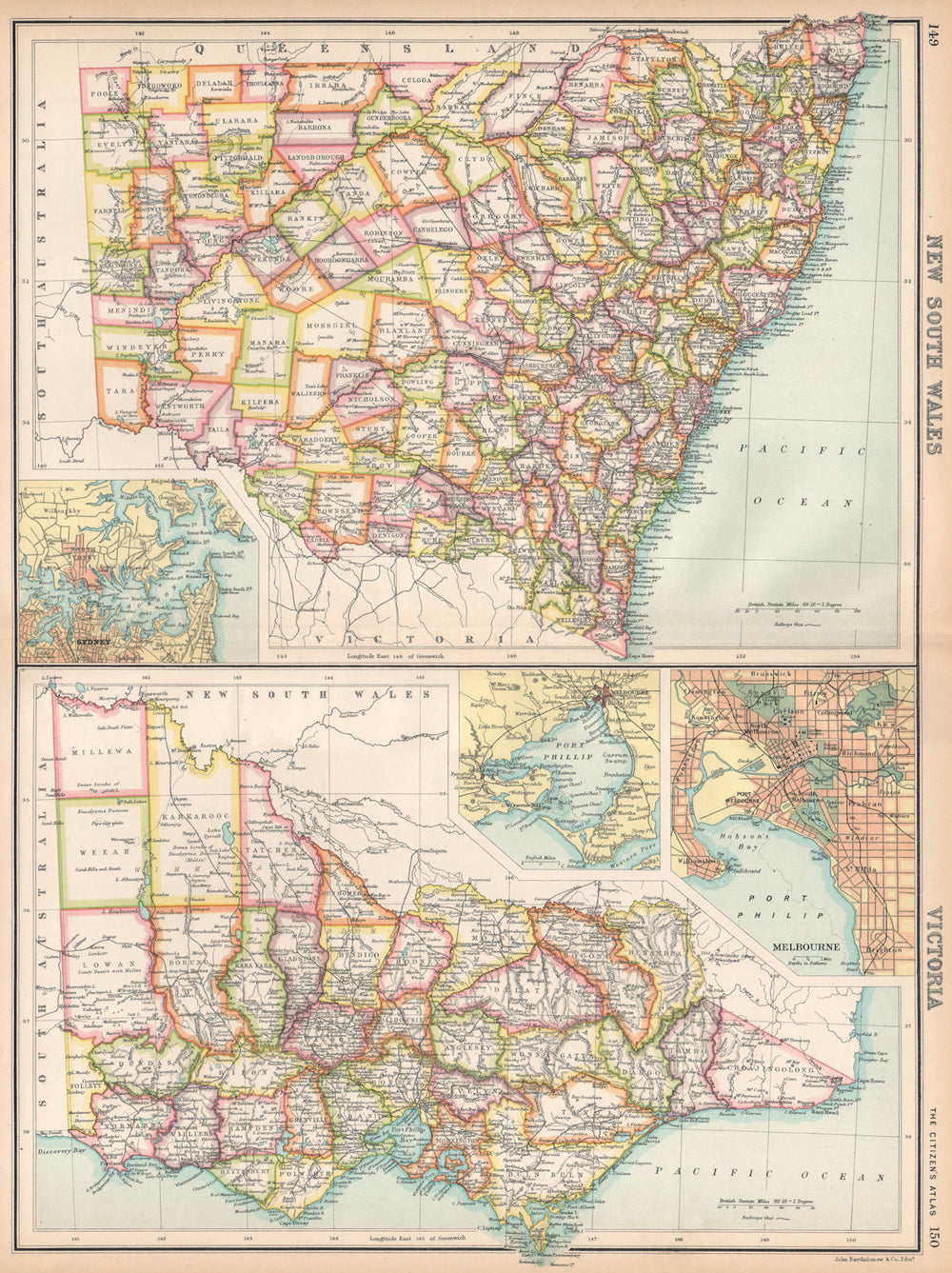 NEW SOUTH WALES & VICTORIA. Counties. Melbourne & Sydney. Australia 1912 map
