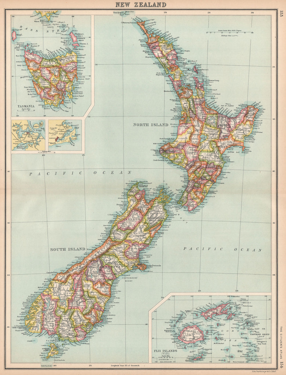 NEW ZEALAND.Showing counties.Inset Tasmania & Fiji Islands.BARTHOLOMEW 1912 map