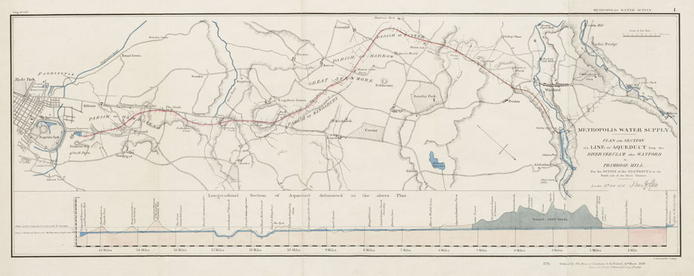 London Water Supply. Proposed aqueduct Watford-Primrose Hill. TELFORD 1834 map