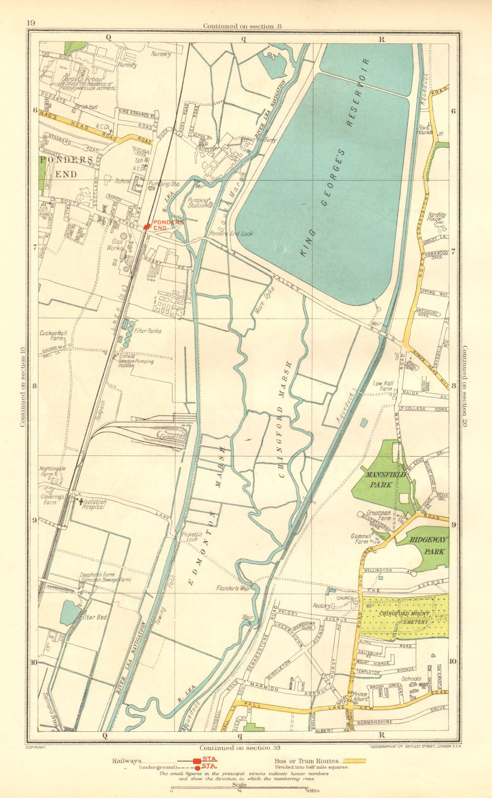 LONDON. Ponders End Chingford Marsh Edmonton Marsh 1937 old vintage map chart