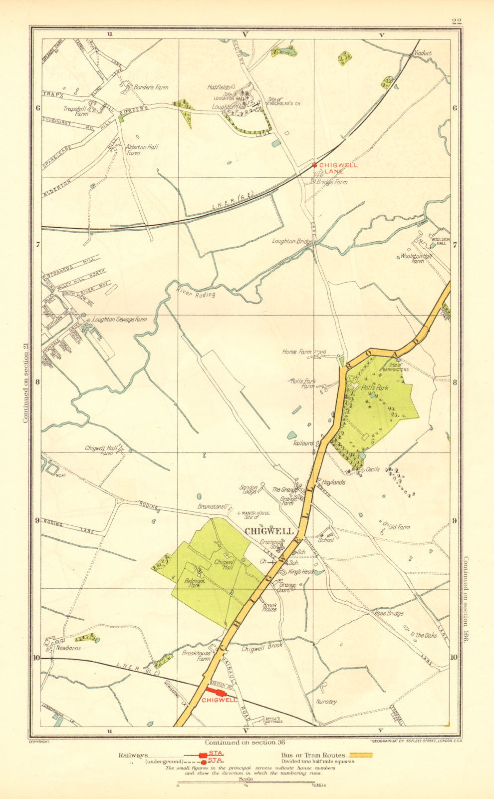 ESSEX. Chigwell Loughton Debden Patch Park River Roding 1937 old vintage map