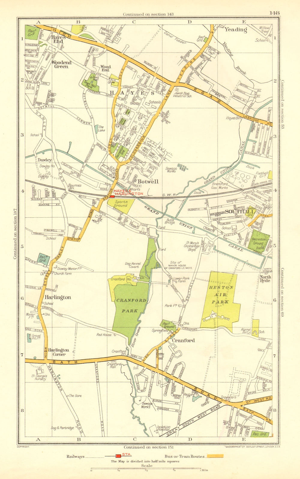 HAYES SOUTHALL. Cranford Hounslow Harlington Heathrow Heston Yeading 1937 map