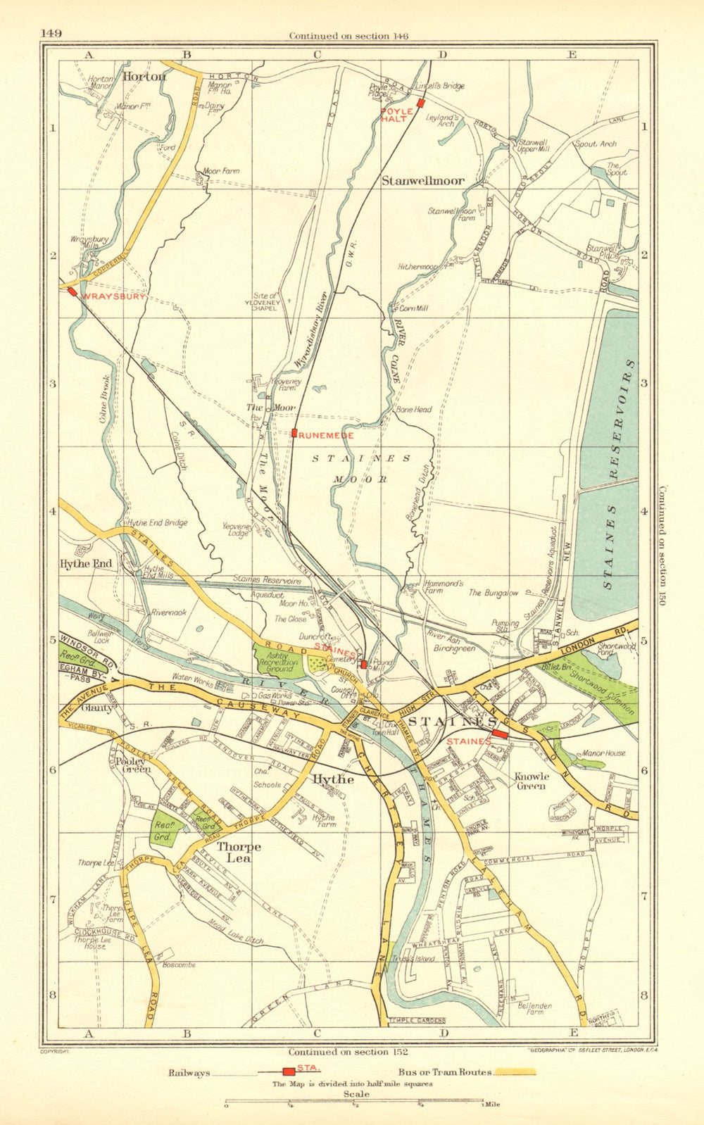 STAINES. Egham Hythe Stanwell Moor Thorpe Hythe End Horton Wraysbury 1937 map