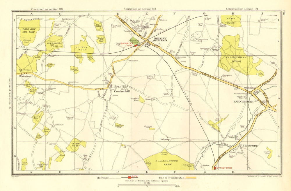 SWANLEY. Crockenhill Eynsford Farningham Kevingtown (Kent) 1937 old map
