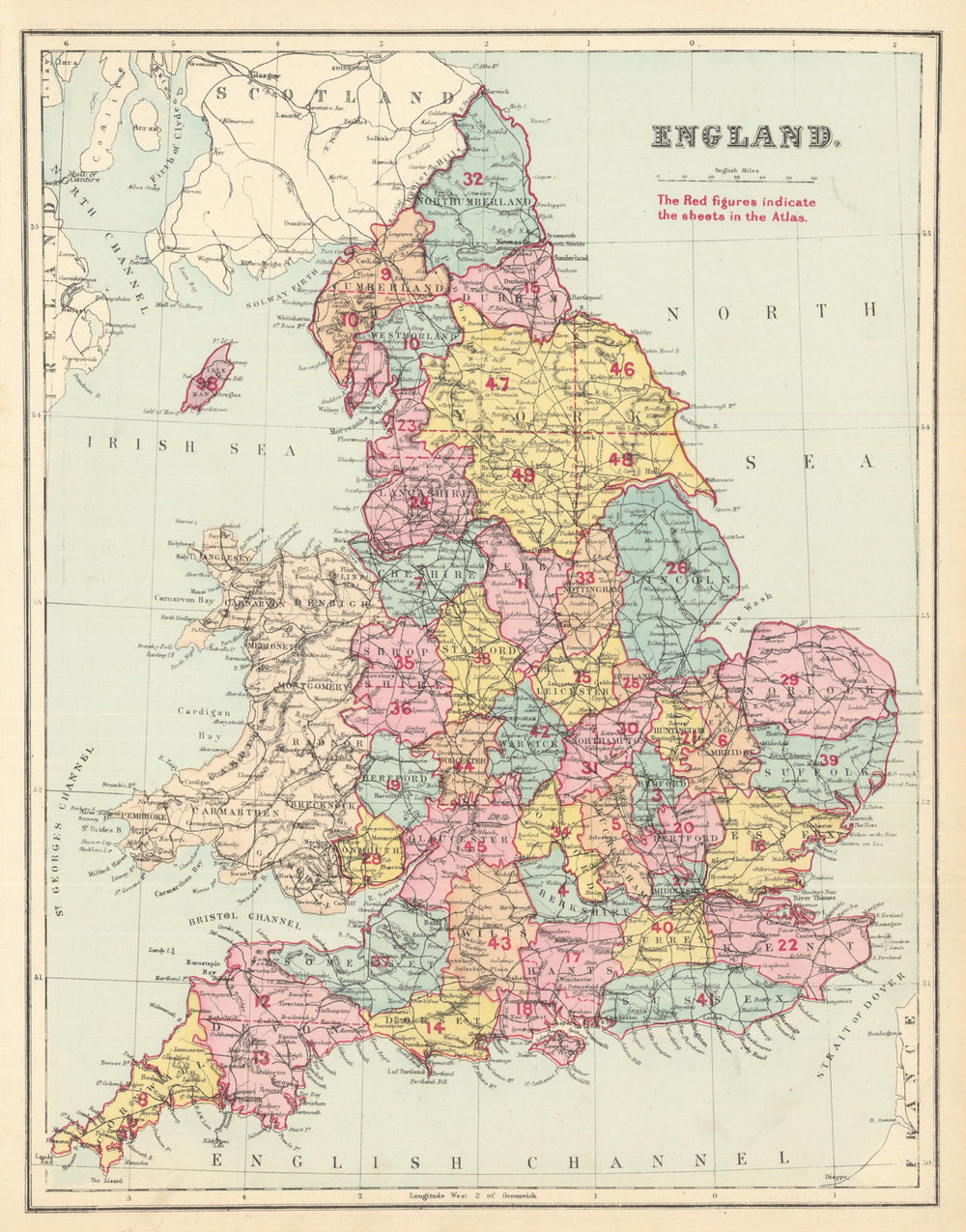 ENGLAND. Antique index map by GW BACON 1884 old vintage plan chart