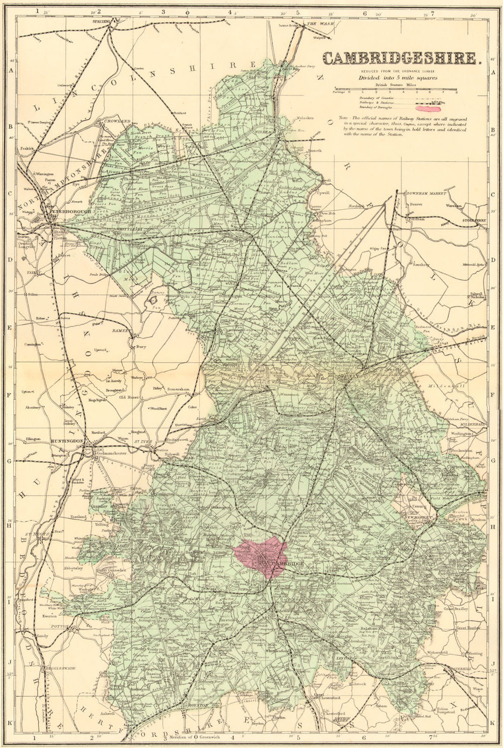 CAMBRIDGESHIRE. Antique county map by GW BACON 1884 old plan chart