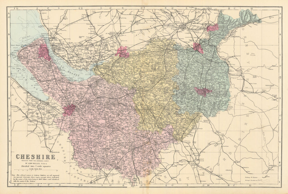 CHESHIRE. Antique county map by GW BACON 1884 old plan chart