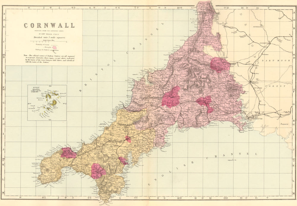 CORNWALL. Antique county map by GW BACON 1884 old plan chart