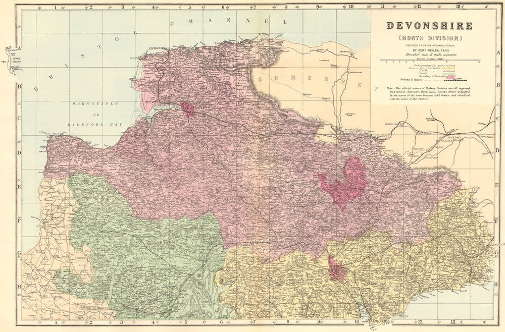 DEVON (North). Antique county map by GW BACON 1884 old plan chart