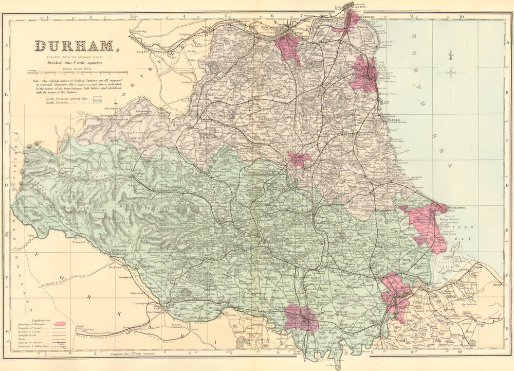 DURHAM. Antique county map by GW BACON 1884 old vintage plan chart