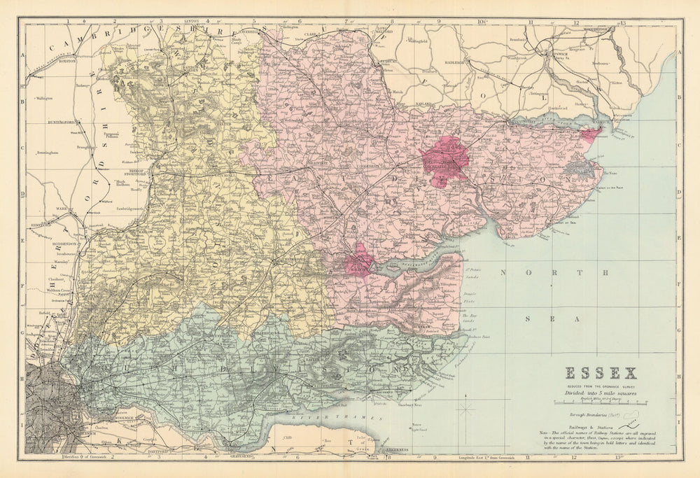 ESSEX. Antique county map by GW BACON 1884 old vintage plan chart