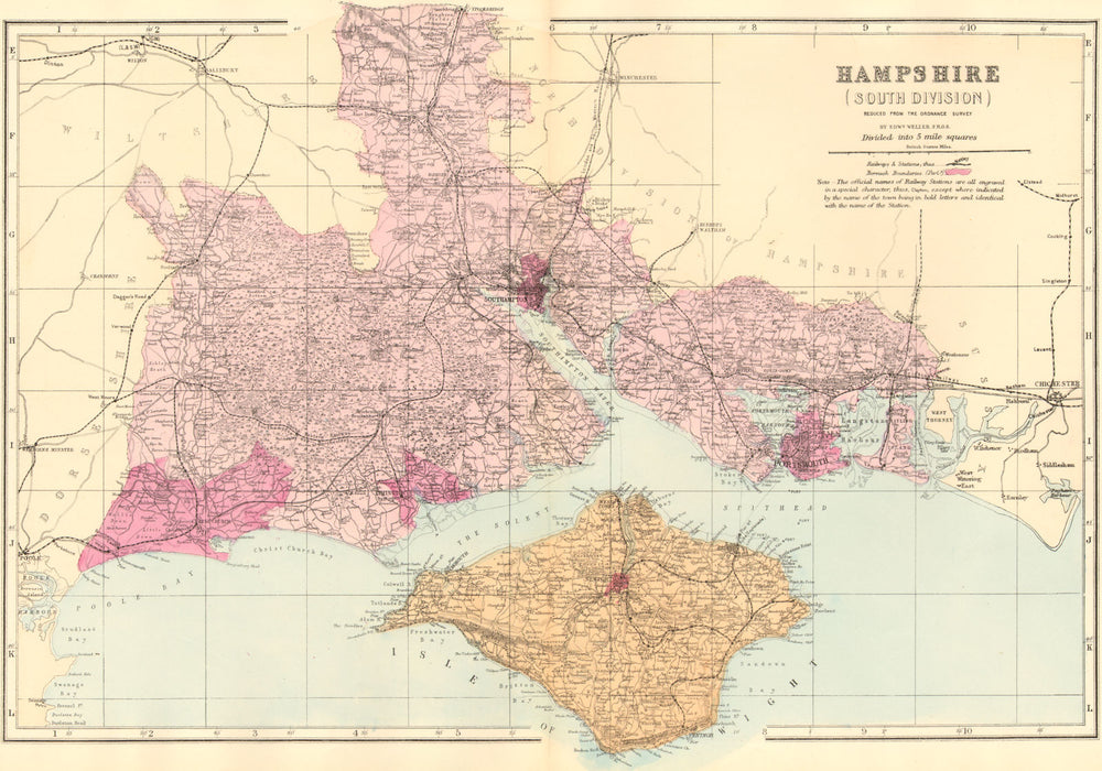 HAMPSHIRE (South). Antique county map by GW BACON 1884 old chart