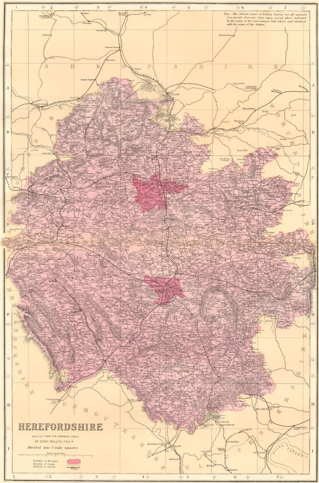 HEREFORDSHIRE. Antique county map by GW BACON 1884 old plan chart ...