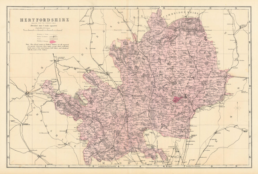 HERTFORDSHIRE. Antique county map by GW BACON 1884 old plan chart