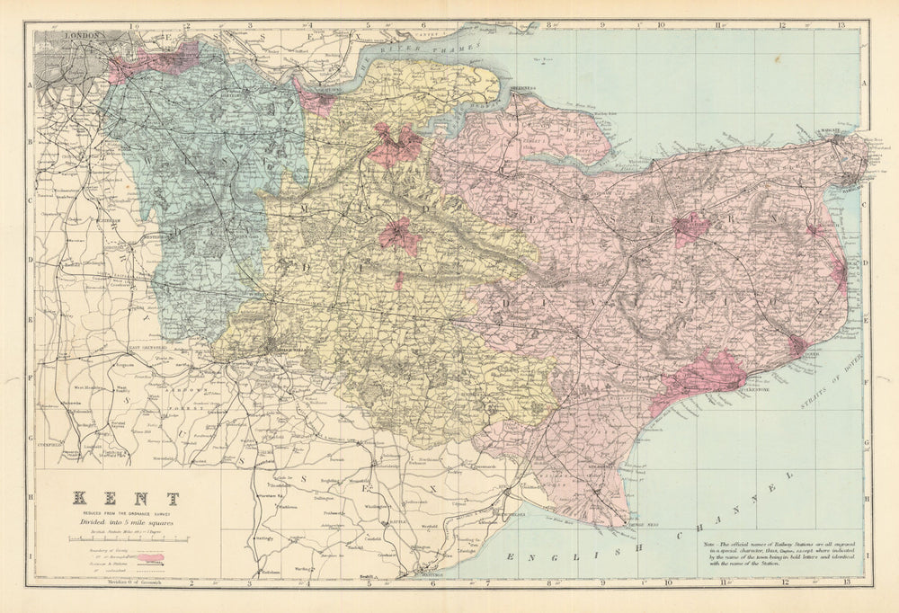 KENT. Antique county map by GW BACON 1884 old vintage plan chart