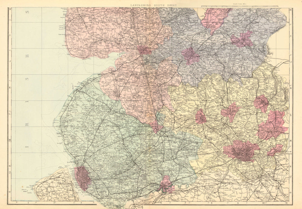 LANCASHIRE (South sheet). Antique county map by GW BACON 1884 old