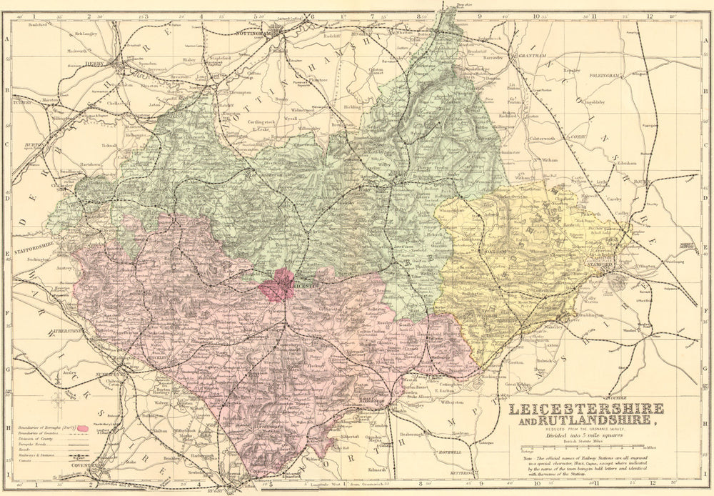 LEICESTERSHIRE & RUTLANDSHIRE. Antique county map by GW BACON 1884 old
